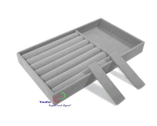 Schmucktablett Schmucklade Schmuckkästchen Vorlagebrett grau für Ringe + 3 Fächer
